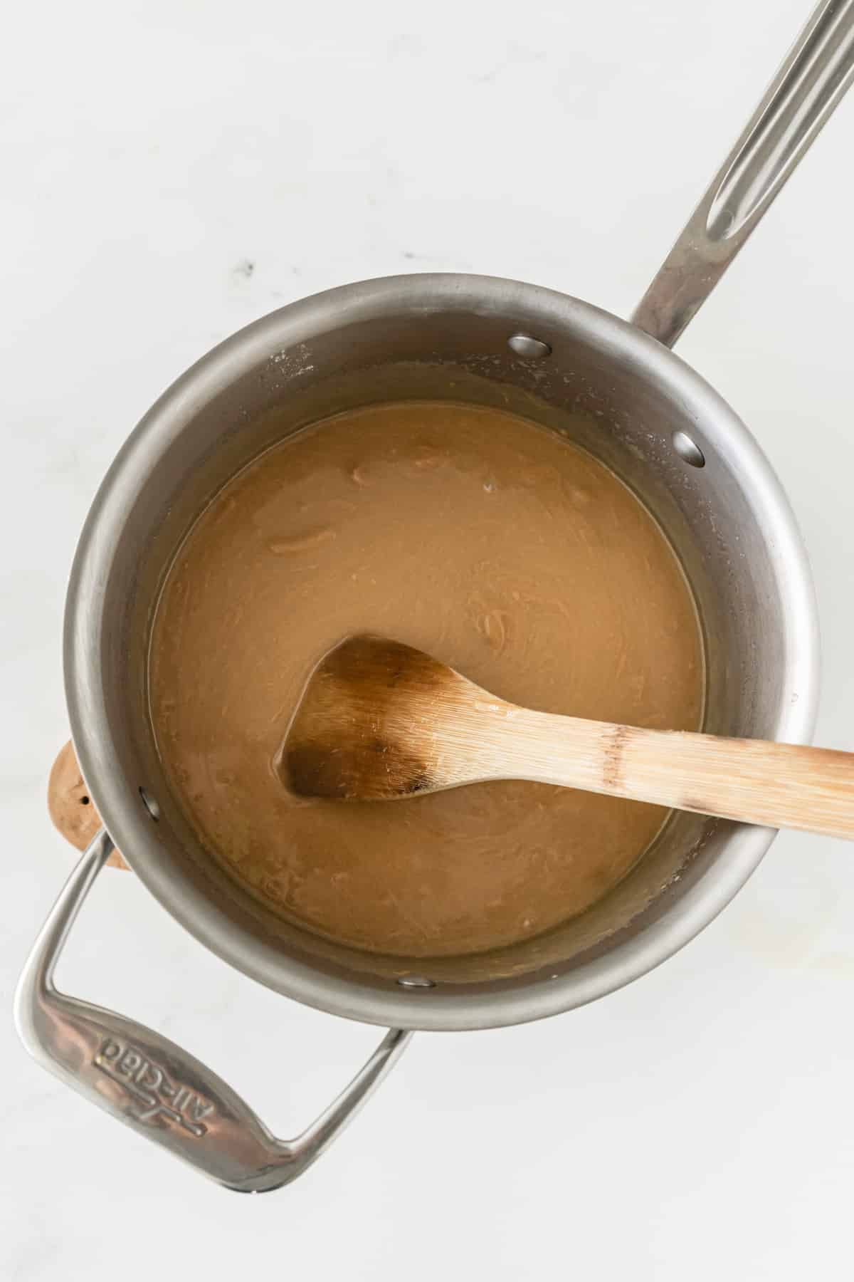 saucepan with spoon and peanut butter mixture