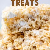 Three rice krispie treats stacked on top of eachother with recipe title on top of image