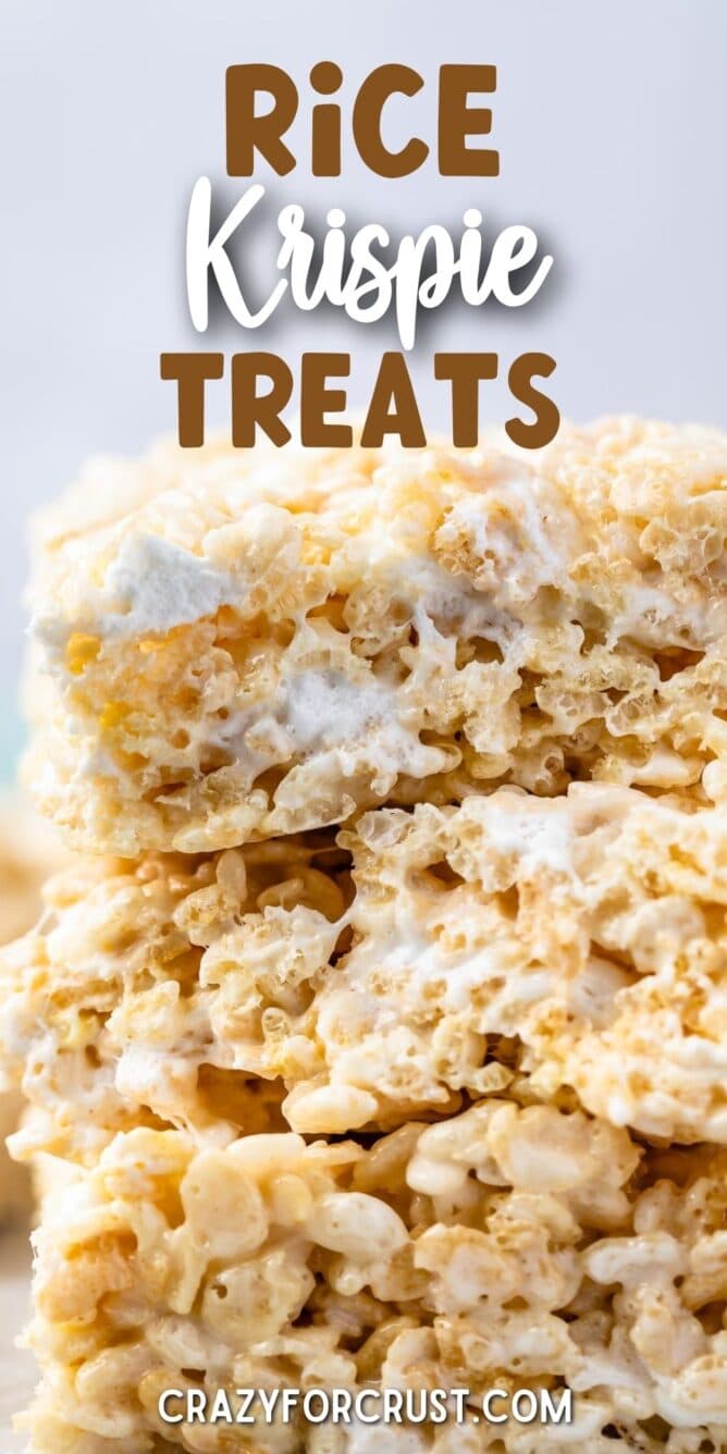 Three rice krispie treats stacked on top of eachother with recipe title on top of image