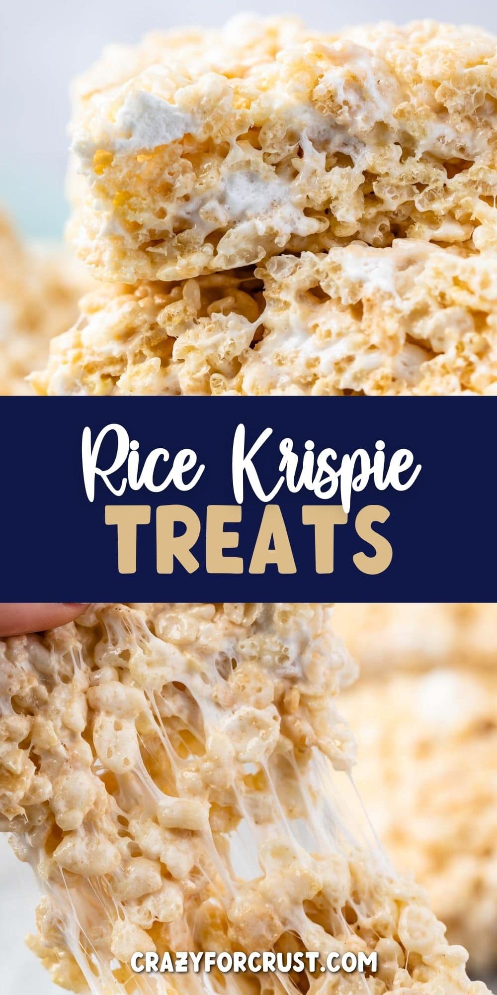Photo collage of best rice krispie treats with recipe title in the middle of two photos
