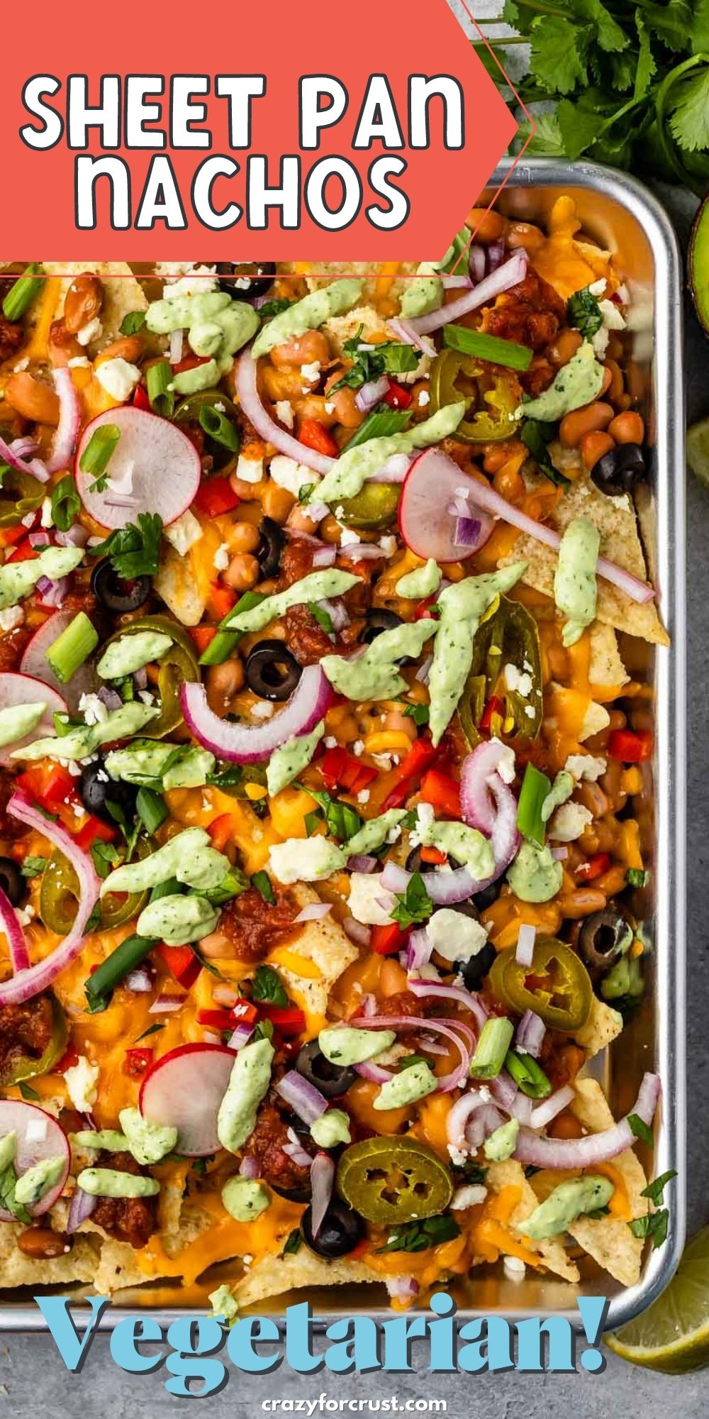 sheet pan nachos with words on photo