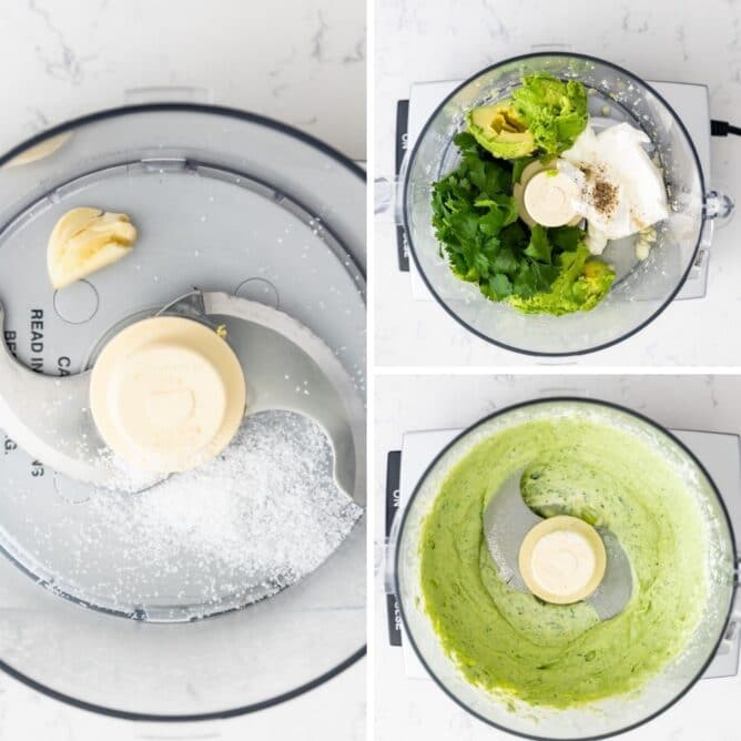 Three photos showing the process of making avocado cilantro crema
