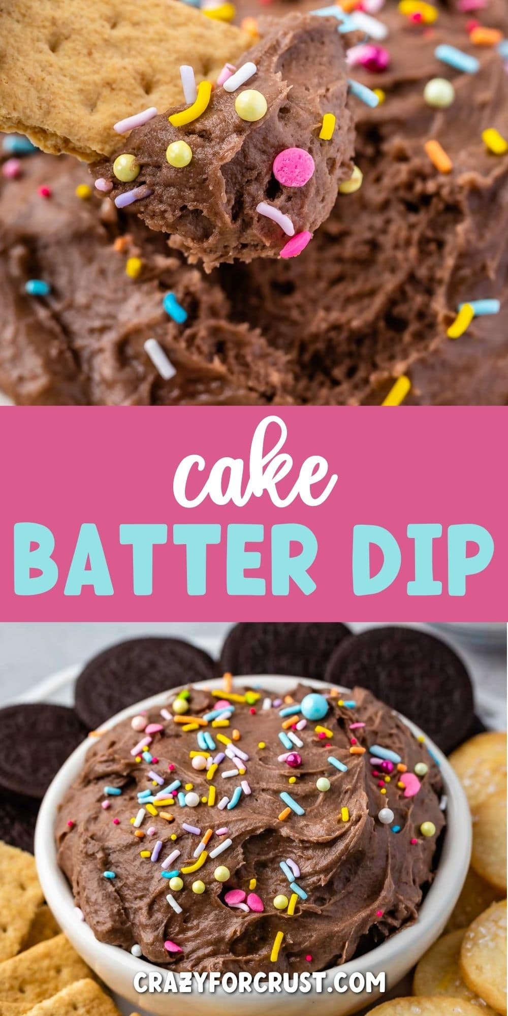 Cake batter dip collage with recipe title in the middle of two photos
