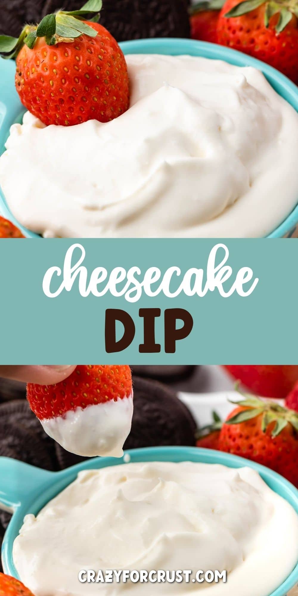 Cheesecake dip collage with recipe title in the middle of two photos