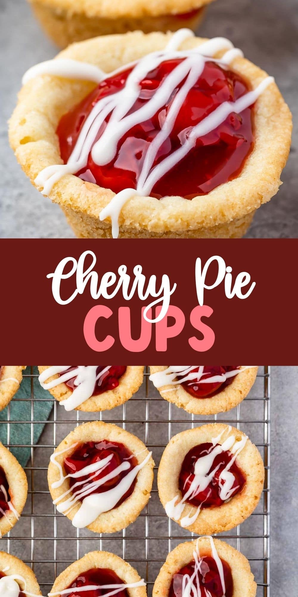 Photo collage of cherry pie cookie cups with recipe title in the middle of two photos