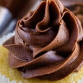 A close-up of a vanilla cupcake topped with a swirl of rich, creamy chocolate buttercream frosting.