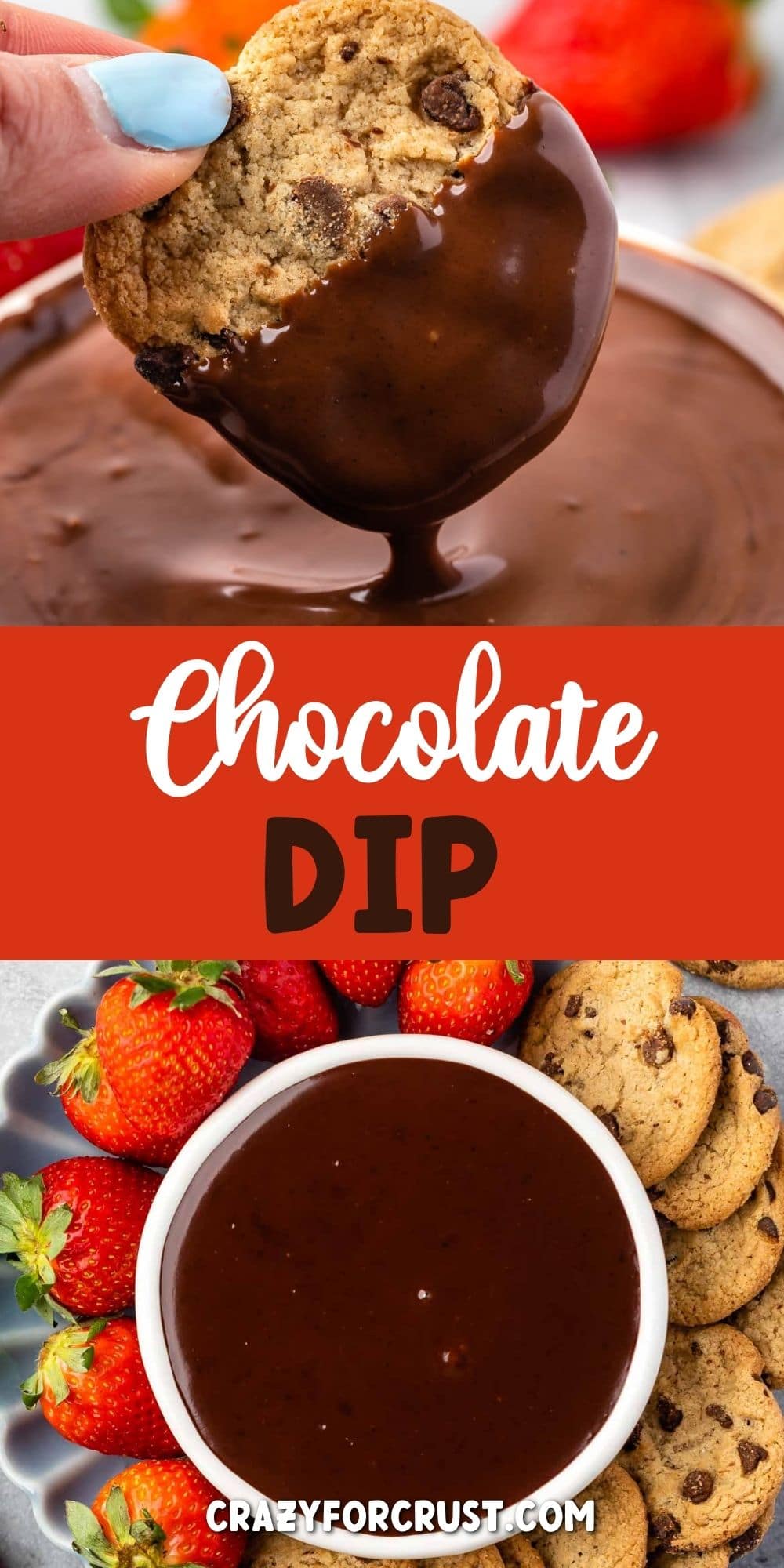 Chocolate dip collage with recipe title in the middle of two photos