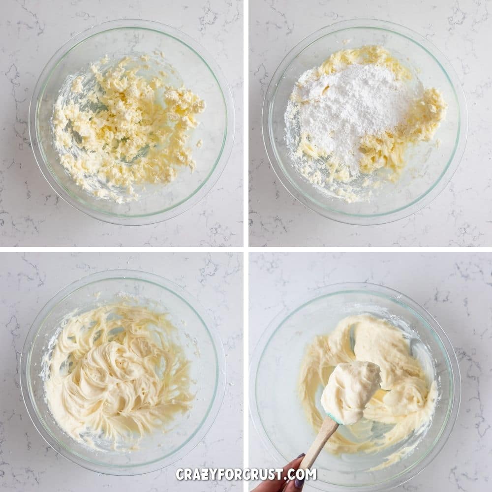 Overhead view of four photos showing the process of making cream cheese frosting
