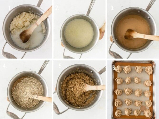 6 photos showing how to make peanut butter no bake cookies