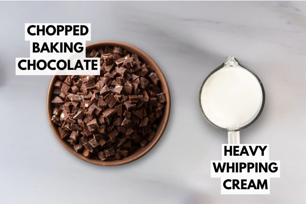 A bowl filled with chopped baking chocolate for a luscious chocolate dip sits next to a measuring cup of heavy whipping cream on a light-colored surface. Bold labels identify each ingredient.