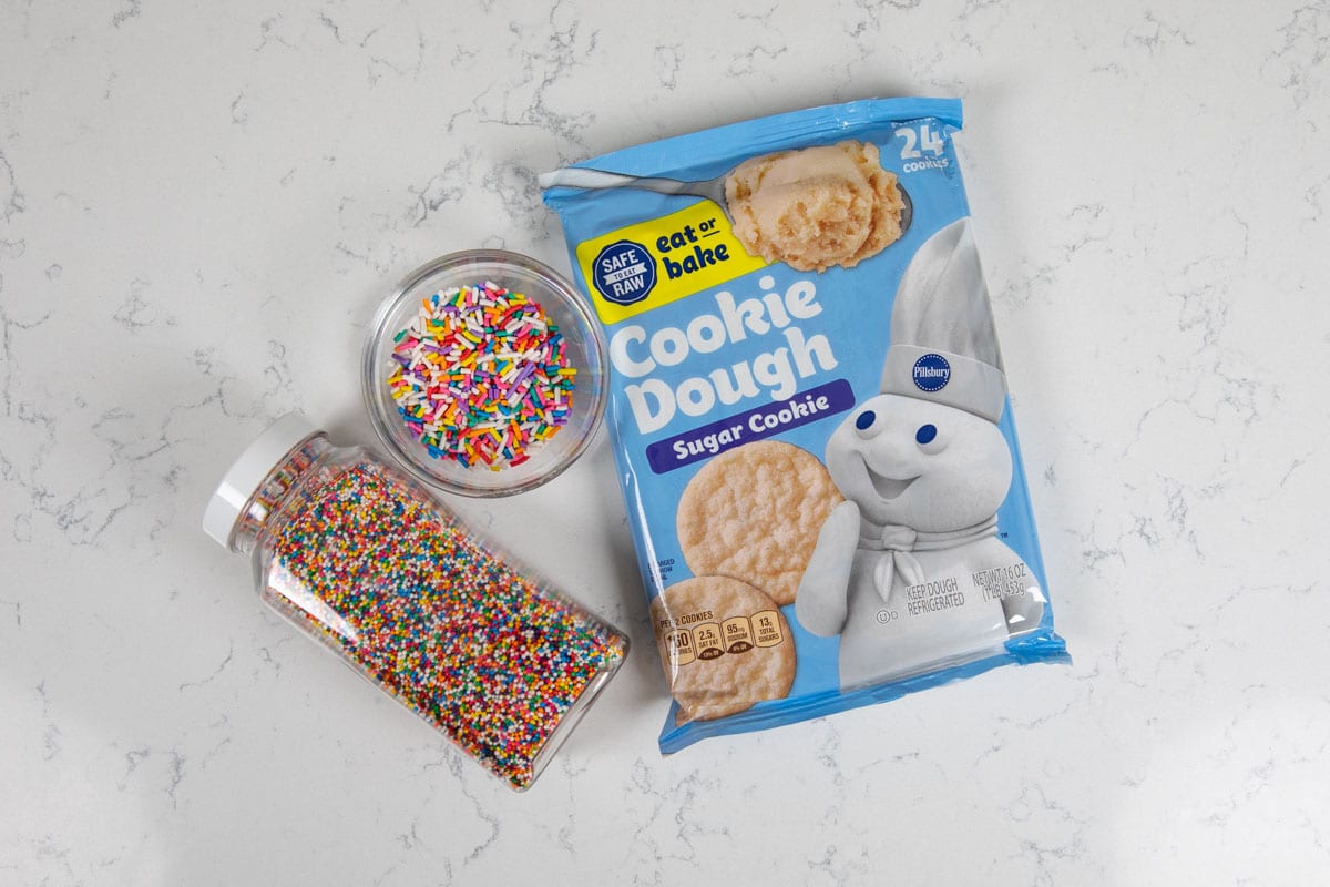 Overhead shot of ingredients needed for 2 ingredient sprinkle sugar cookies