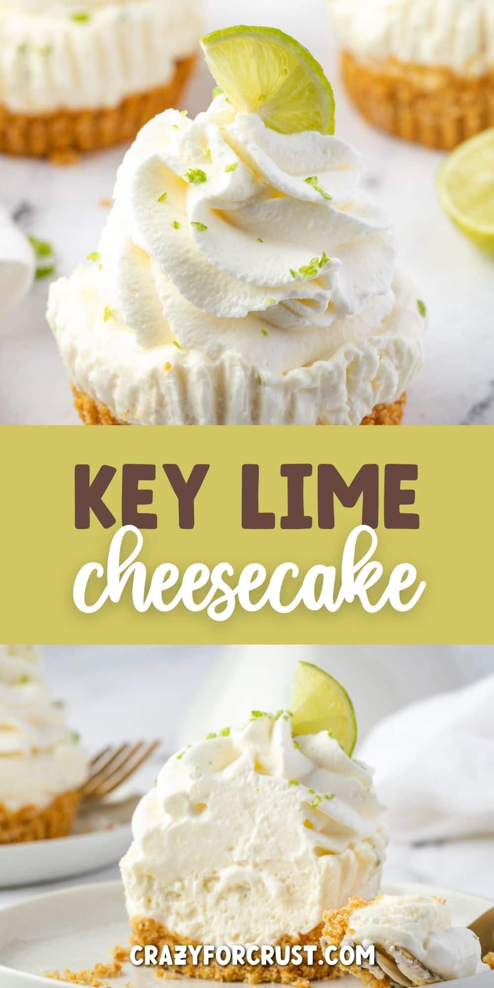 Photo collage of no bake key lime cheesecakes with recipe title in the middle of two photos