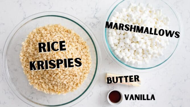 Overhead shot of all the ingredients needed to make the best rice krispie treats