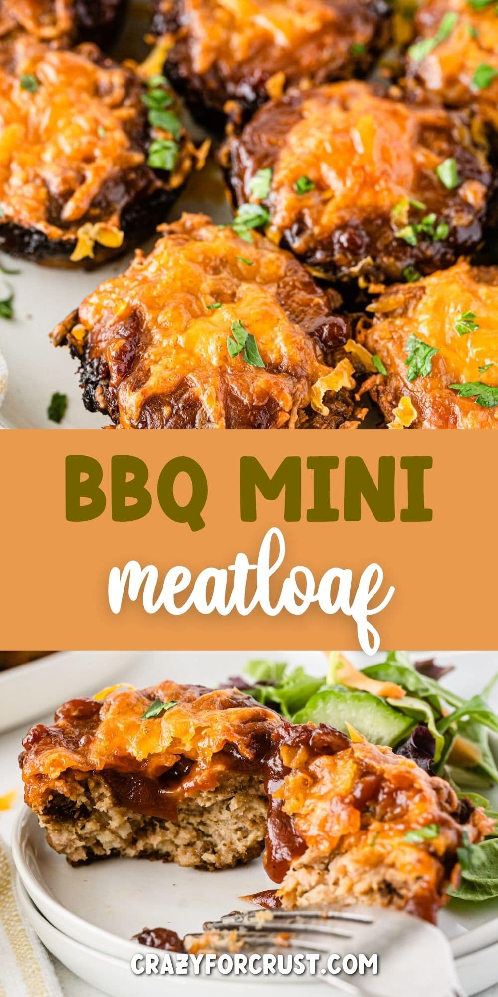 Mini BBQ Meatloaves collage with recipe title in the middle of two photos