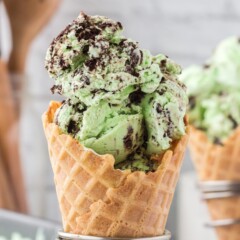 ice cream in waffle cone in cone holder.