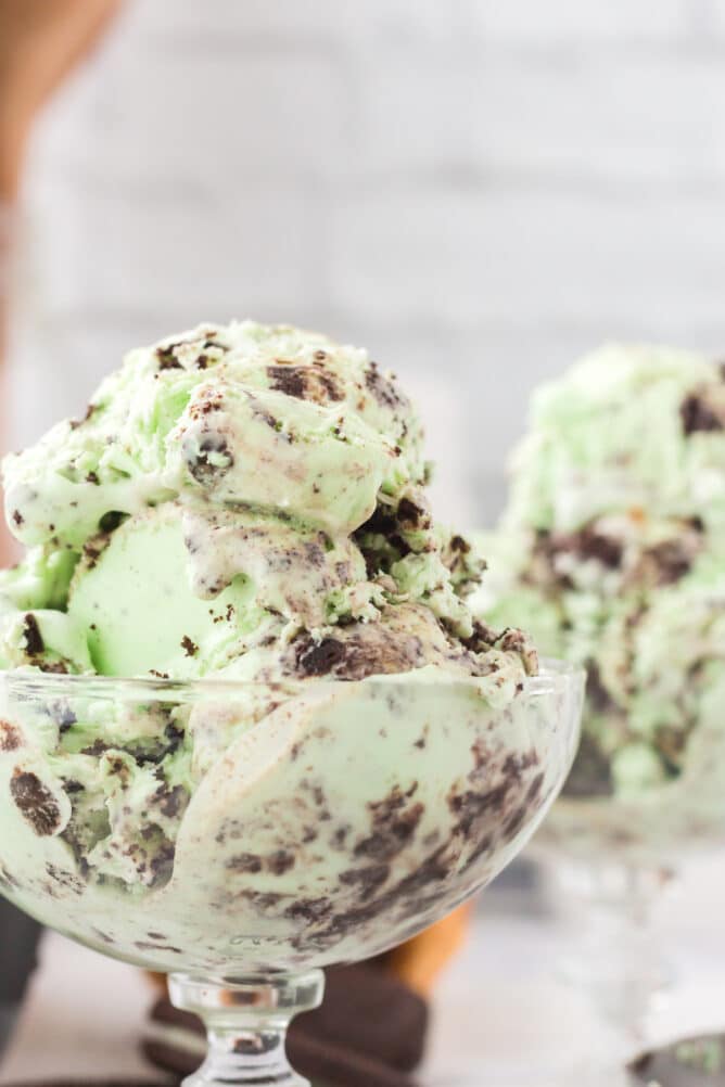 ice cream in glass serving bowl.