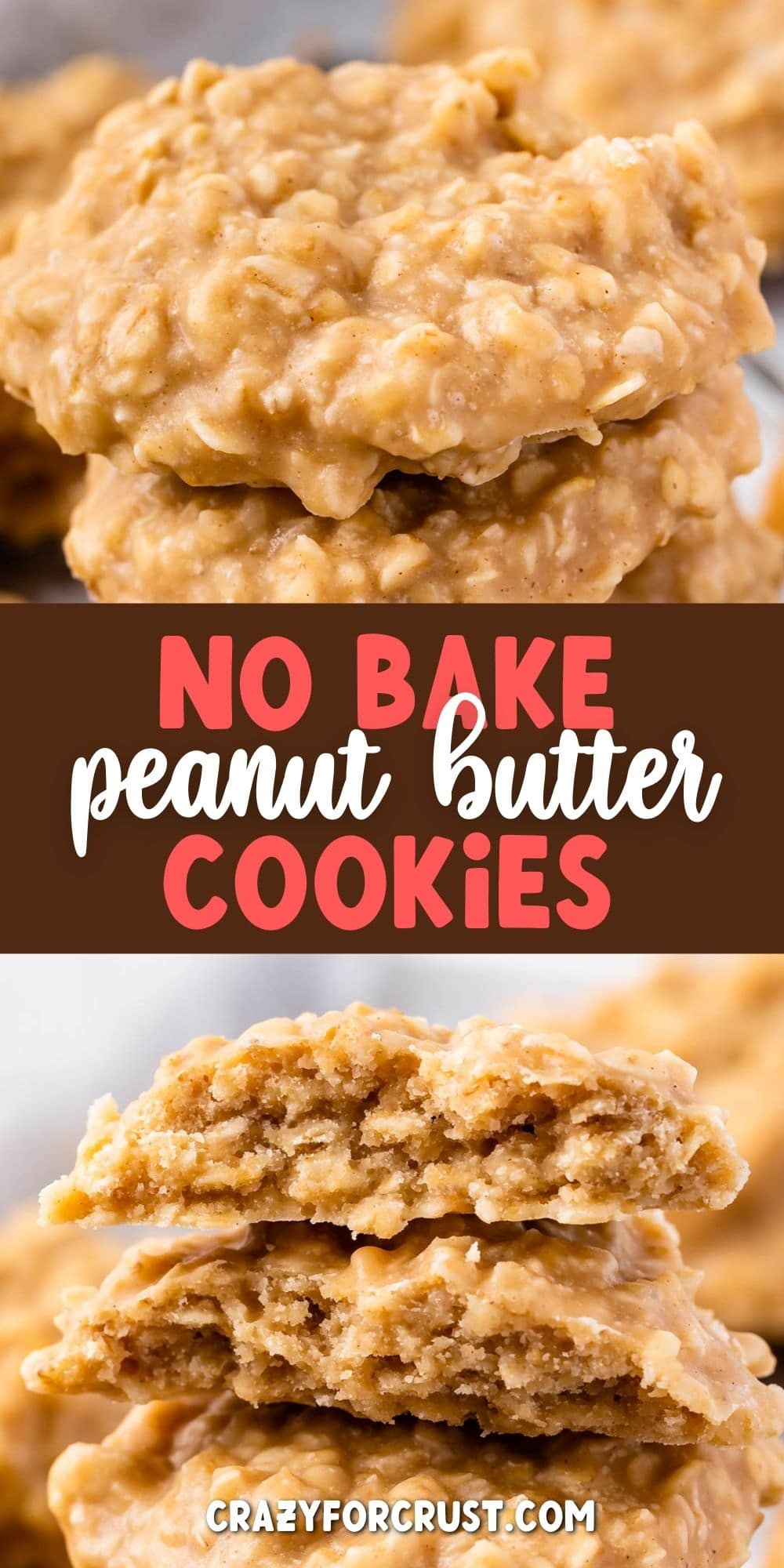 No bake peanut butter cookies collage with recipe title in the middle of two photos