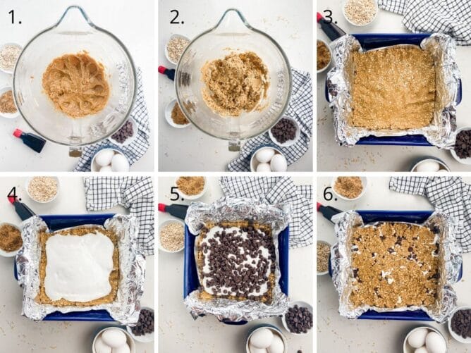 Overhead shot of six images showing the process of making oatmeal s'mores cookie bars