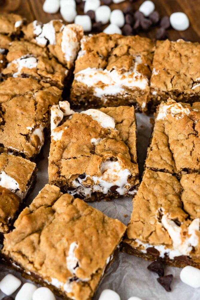 Overhead shot of oatmeal cookie s'mores bars cut into squares