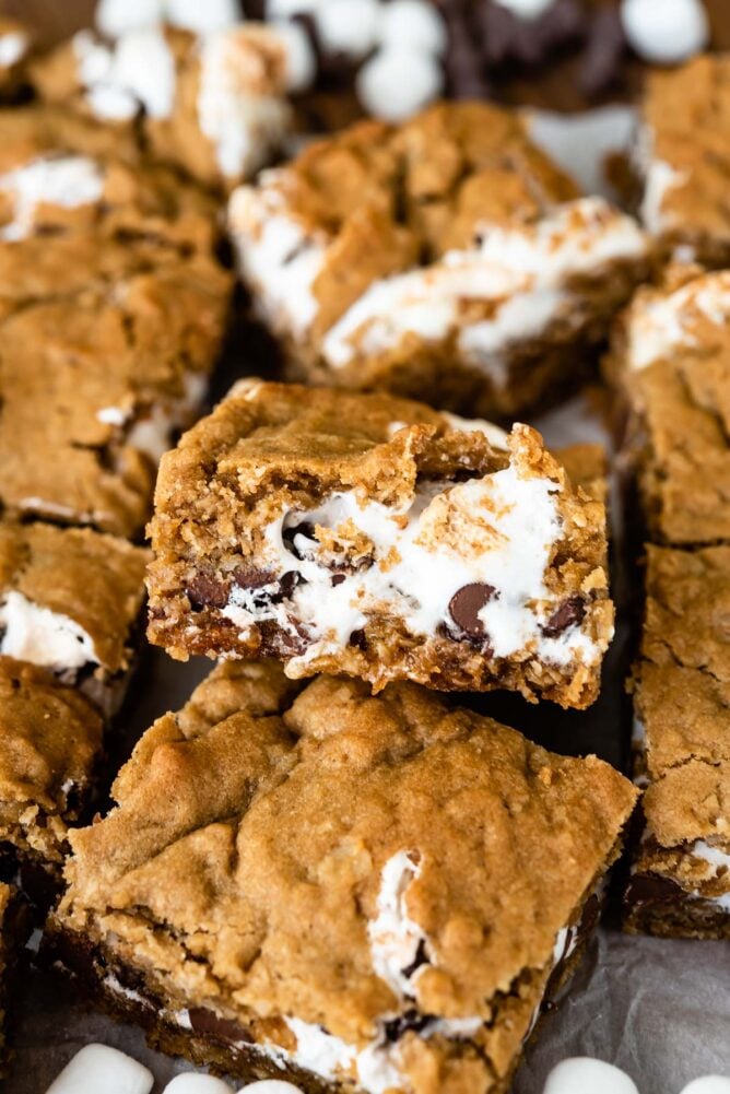 Overhead shot of oatmeal cookie s'mores bars cut into squares