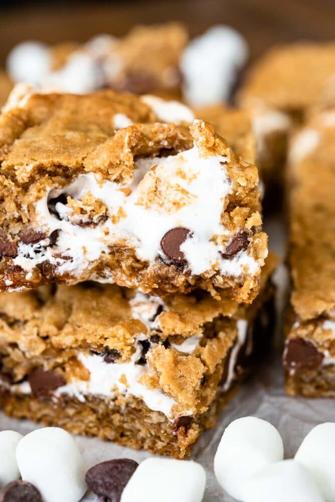 Overhead shot of oatmeal cookie s'mores bars cut into squares