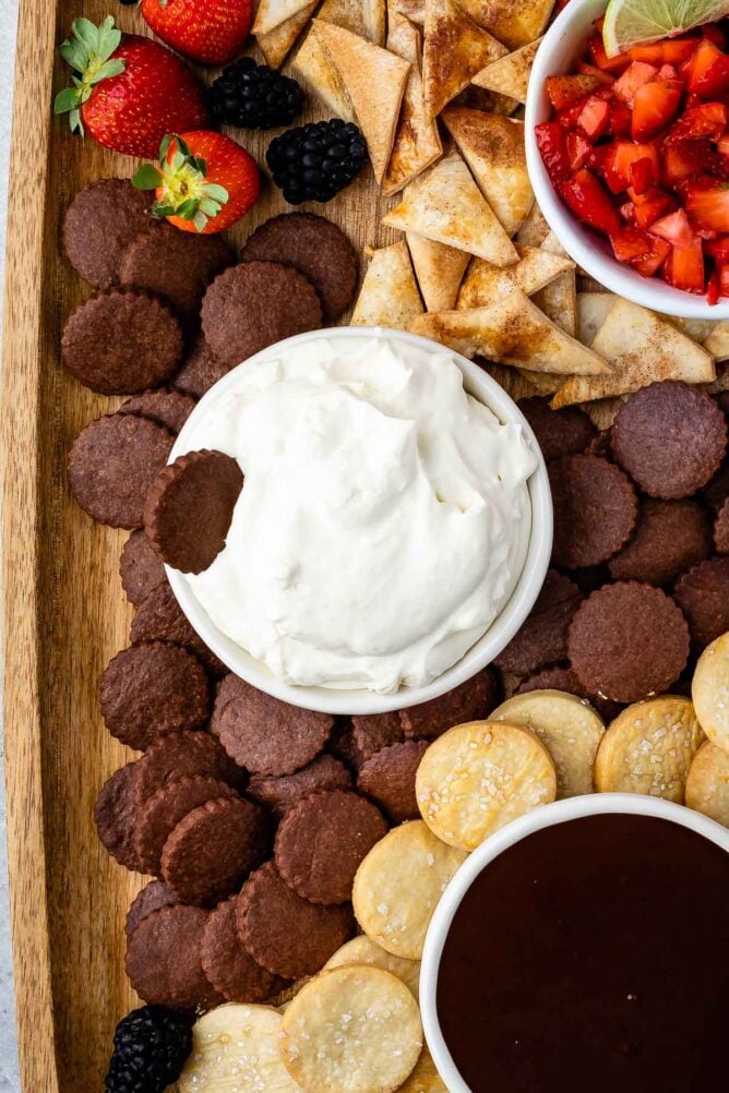 Close up overhead shot of sweet dips and pie crust chips