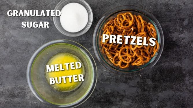 Overhead shot of all ingredients needed for pretzel pie crust