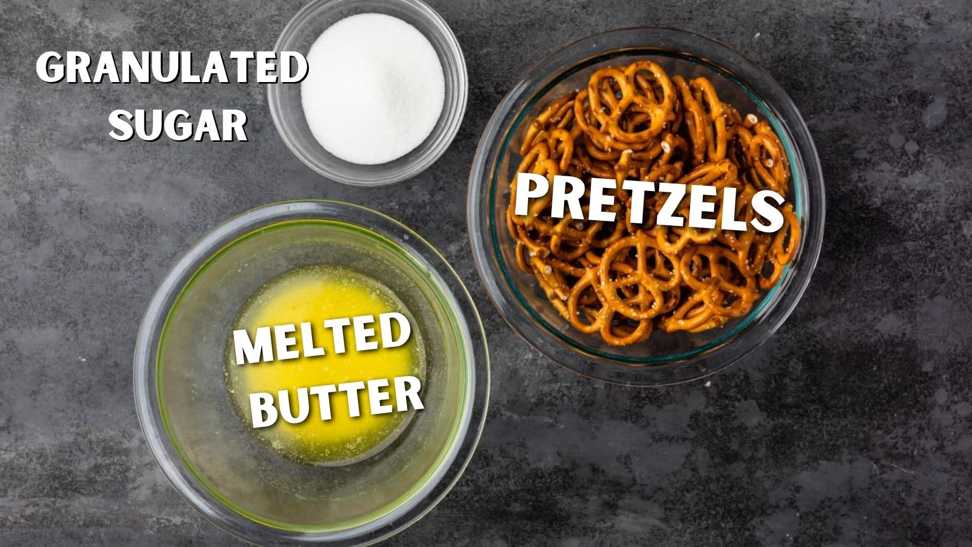 Overhead shot of all ingredients needed for pretzel pie crust