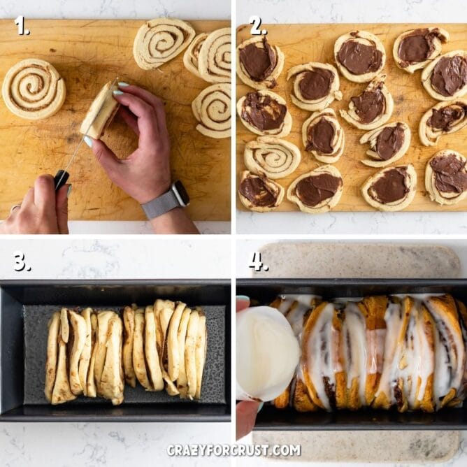 Overhead shot of four photos showing the process of making chocolate cinnamon roll pull apart bread