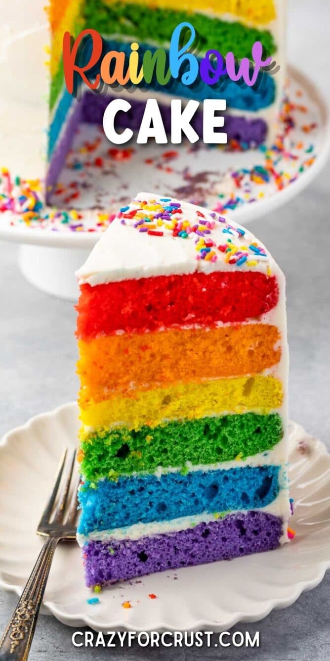 slice of rainbow cake on white plate with words on photo