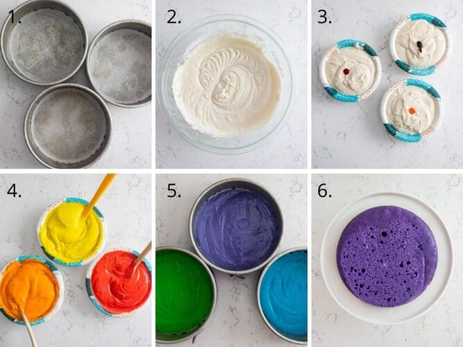 6 photos showing how to make rainbow cake