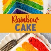 slice of rainbow cake on white plate and photo of inside of cake