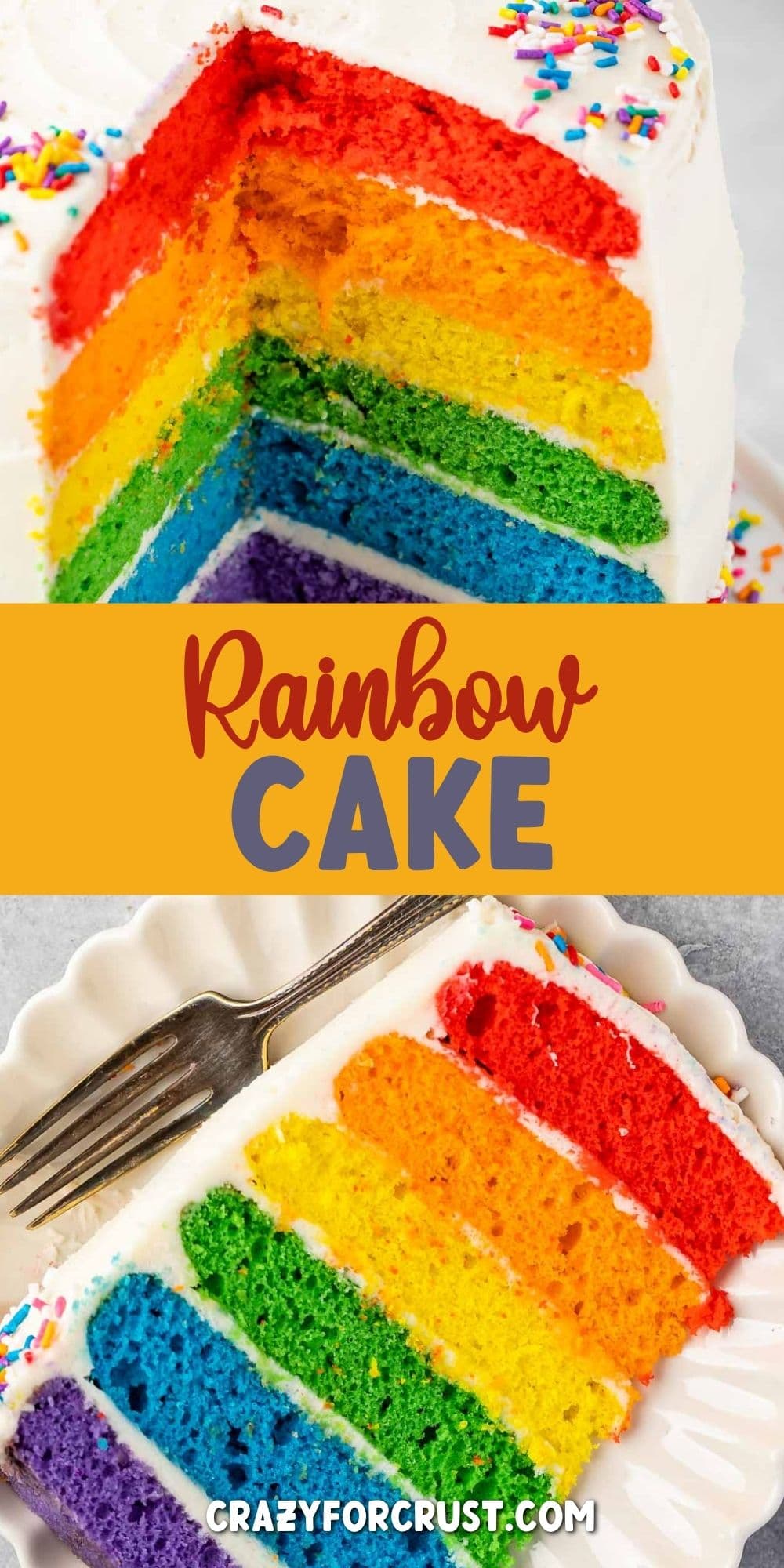 slice of rainbow cake on white plate and photo of inside of cake