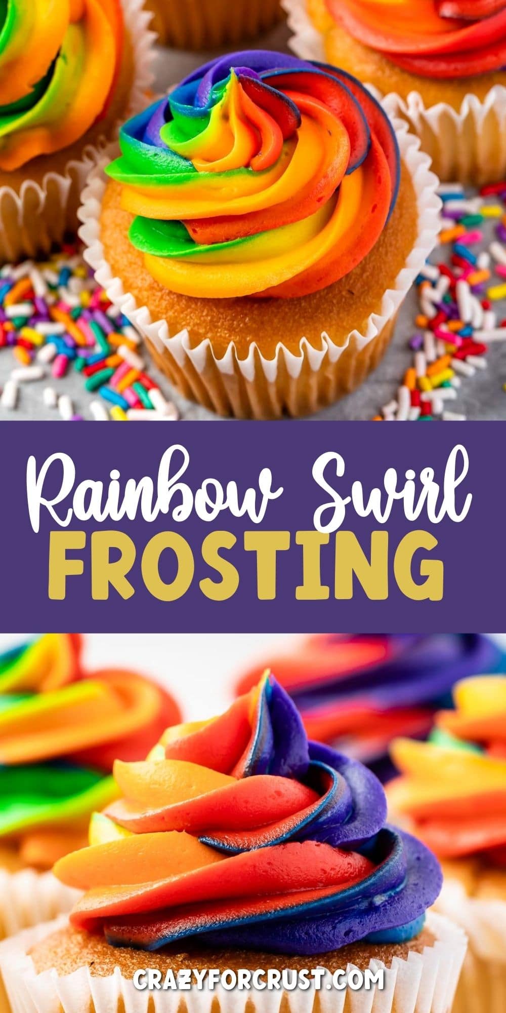 Photo collage of rainbow swirl frosting on top of cupcakes with recipe title in the middle of two photos