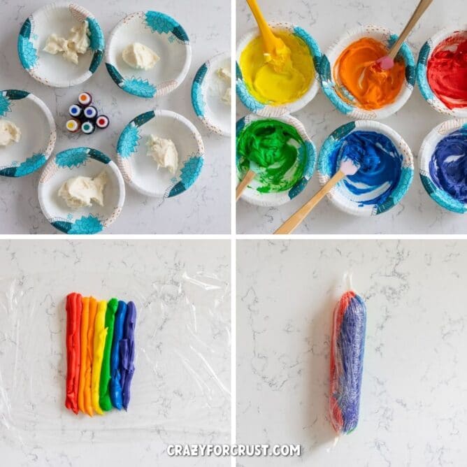 Overhead shot of four photos showing process of making rainbow swirl frosting