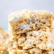 Three rice krispie treats stacked on top of eachother