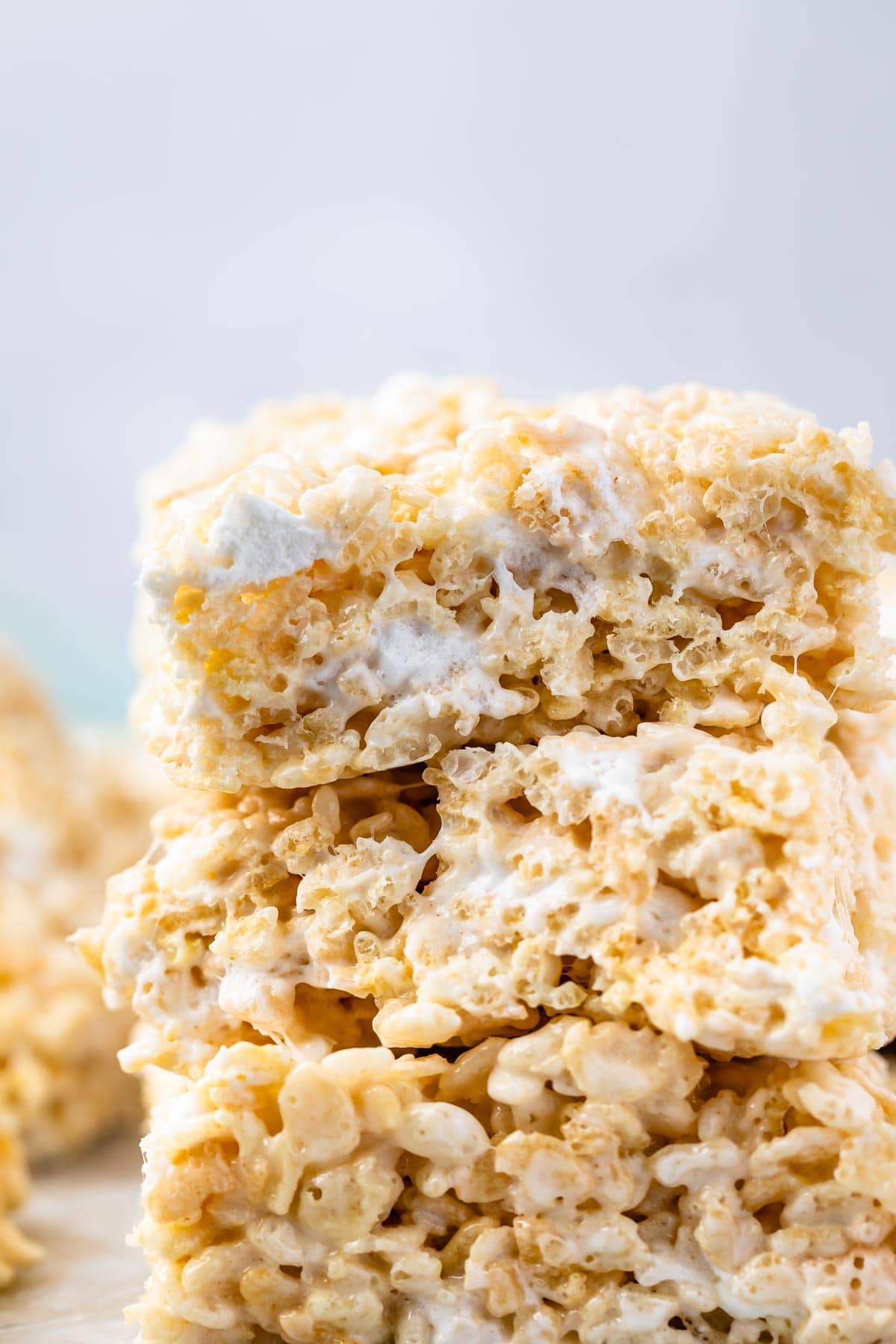 Three rice krispie treats stacked on top of eachother