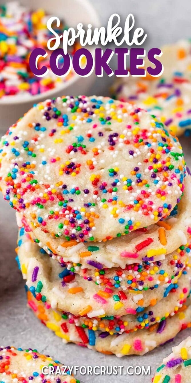 Four 2 ingredient sprinkle sugar cookies stacked on top of eachother with recipe title on top of image