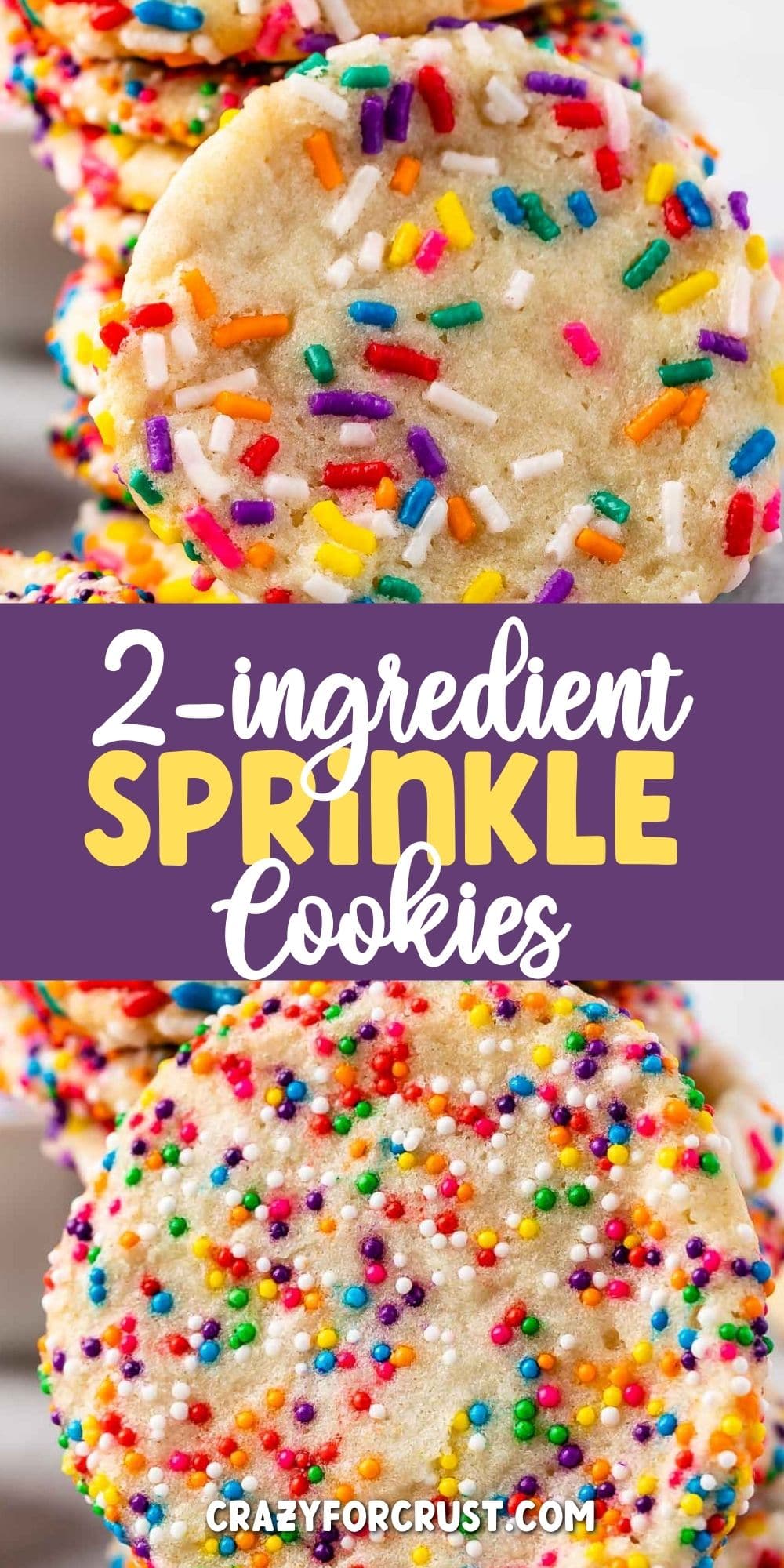 Collage of 2 ingredient sprinkle sugar cookies with recipe title in the middle of two photos