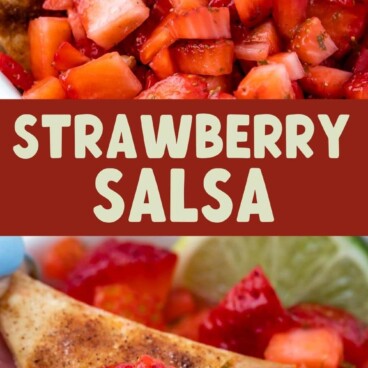 Easy strawberry salsa collage with recipe title in the middle of two photos