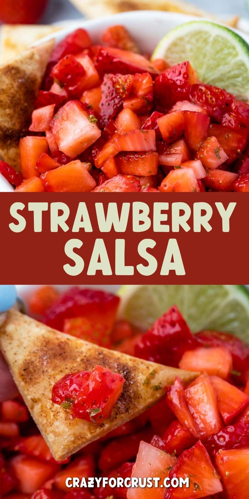 Easy strawberry salsa collage with recipe title in the middle of two photos