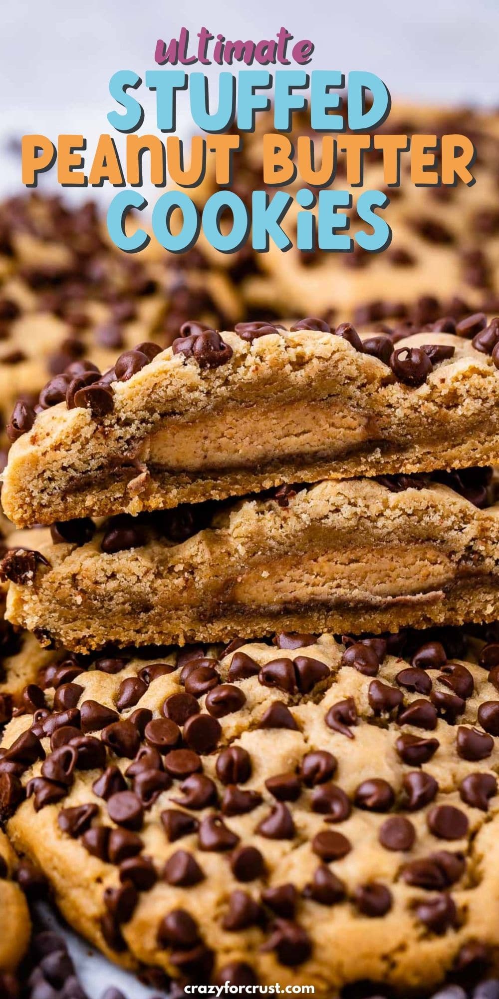 STACK OF 2 HALVES OF A PEANUT BUTTER COOKIE STUFFED WITH A PEANUT BUTTER CUP.