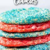 Stack of 6 sugar cookies alternating blue and red with recipe title on top of image