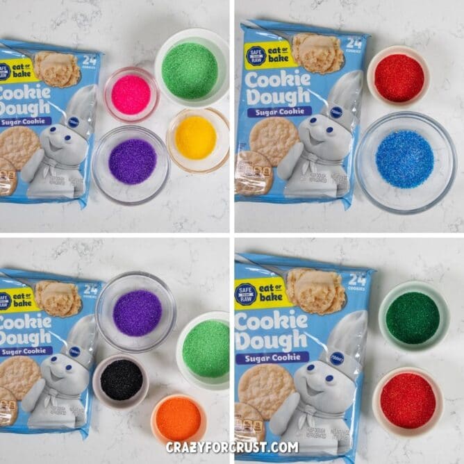 Overhead shot of four photos showing all the ingredients needed for 2 ingredient sugar cookies