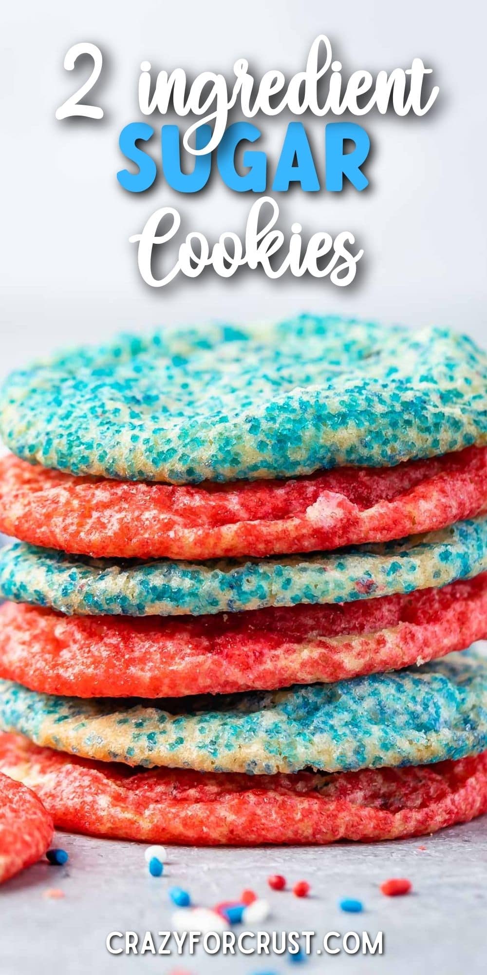Stack of 6 sugar cookies alternating blue and red with recipe title on top of image