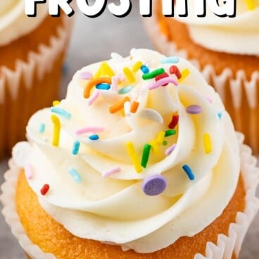 cupcake with vanilla frosting and sprinkles and words on photo
