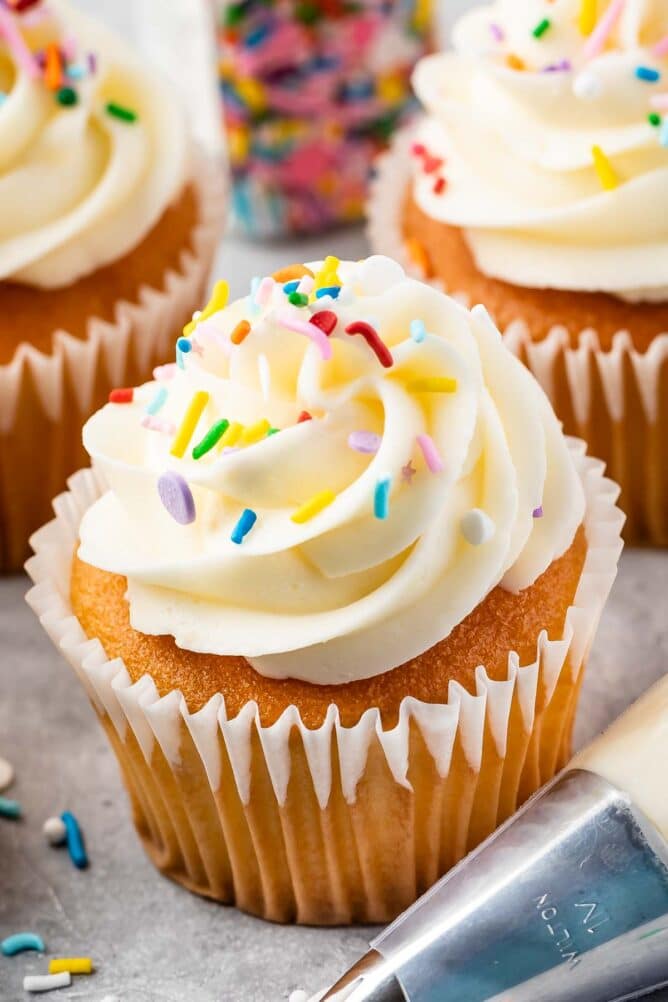 cupcake with vanilla frosting and sprinkles