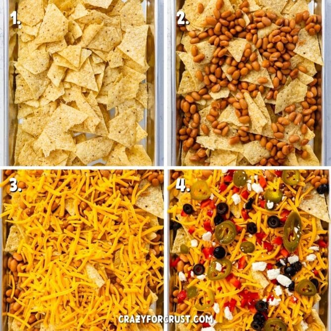 Overhead shot of four images showing process of building sheet pan nachos