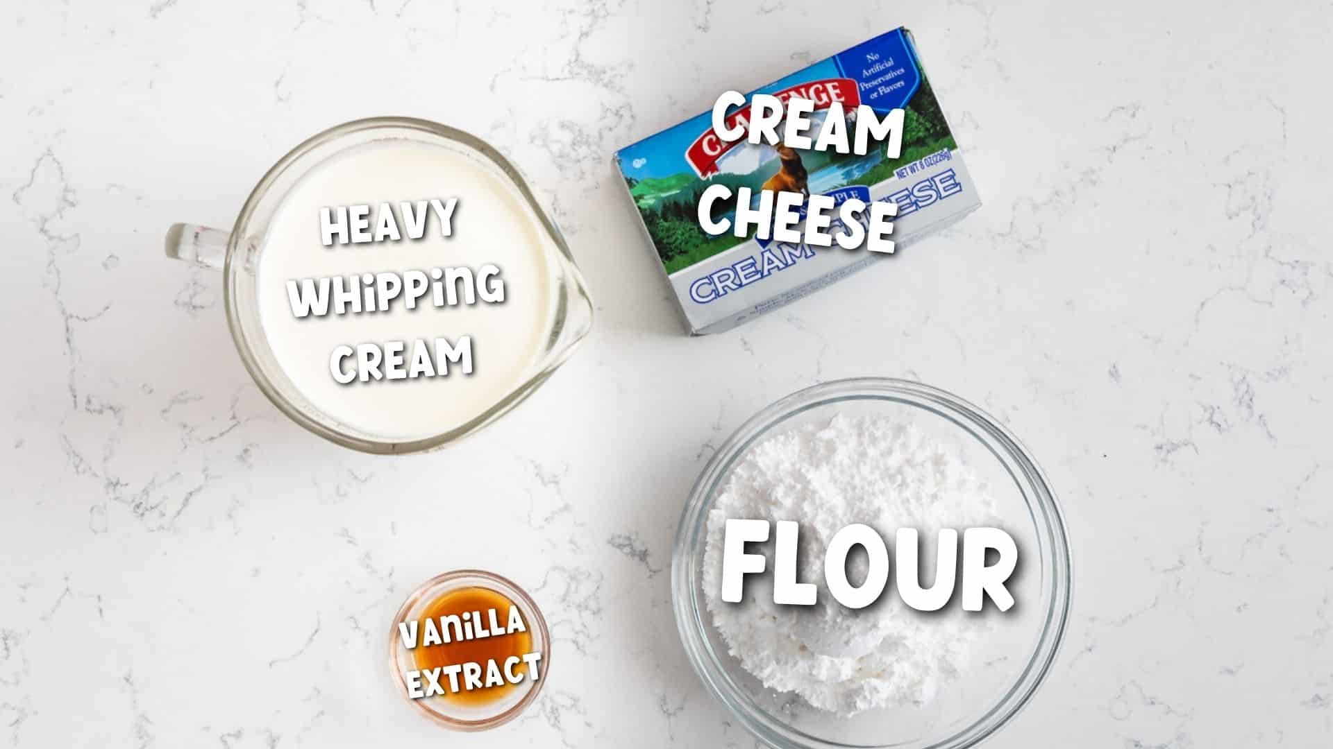 ingredients in whipped cream frosting with words on photo.