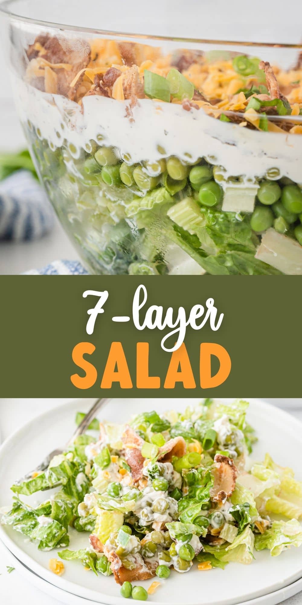 two photos showing the salad with one in a clear bowl and another on a white plate with words in the middle